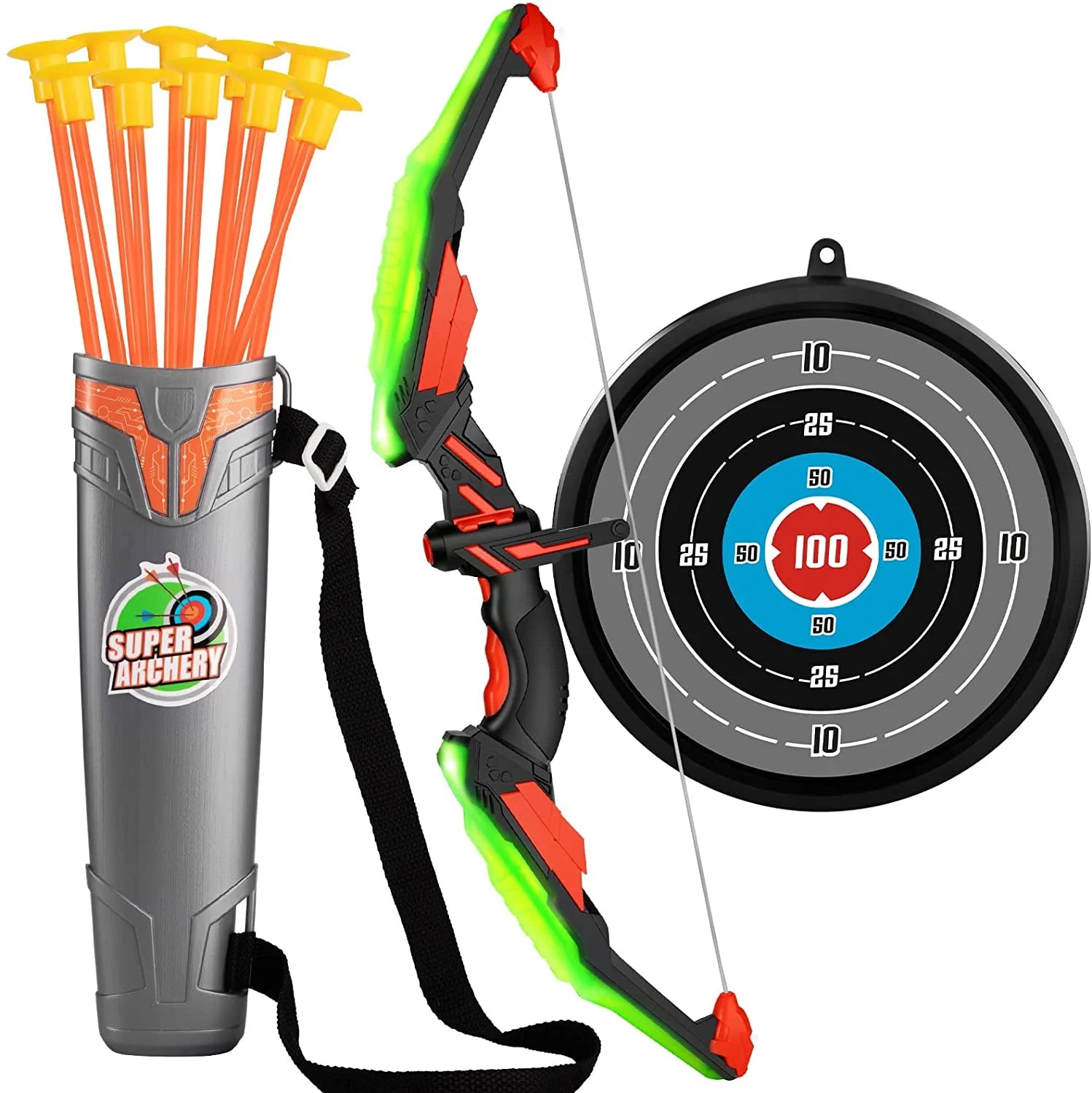 Kids Bow and Arrow Set - LED Light up Archery Toy Set with 10 Suction Cup Arrows, Target & Quiver, Indoor and Outdoor Toys for Children Boys Girls ,Gift Eligible